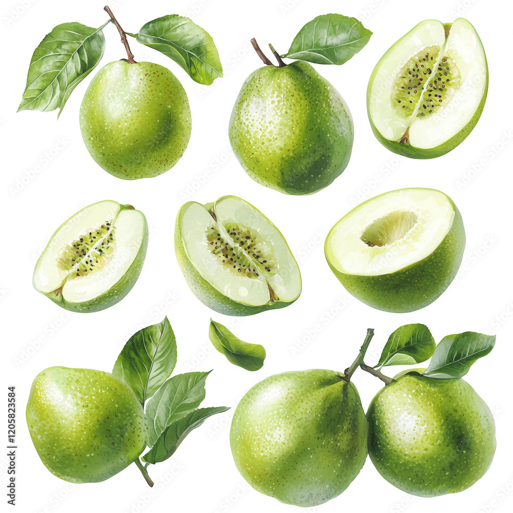 Poster fresh green guavas with leaves, whole and sliced, isolated on transparency background