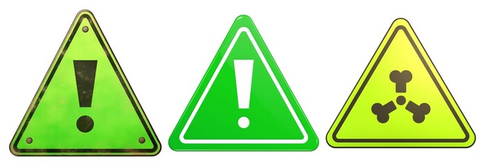 Three green alert signs with exclamation marks and hazard symbol, isolated on white. signs have vintage design and vary in shade and symbol style