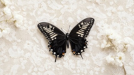 Colorful butterfly resting on delicate lace background surrounded by small white flowers showcasing nature's beauty