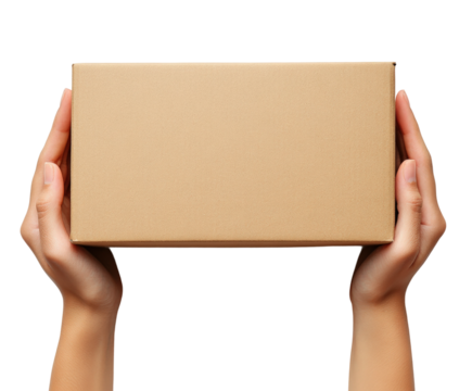Hands holding cardboard box indoor setting product neutral background close-up view gift concept