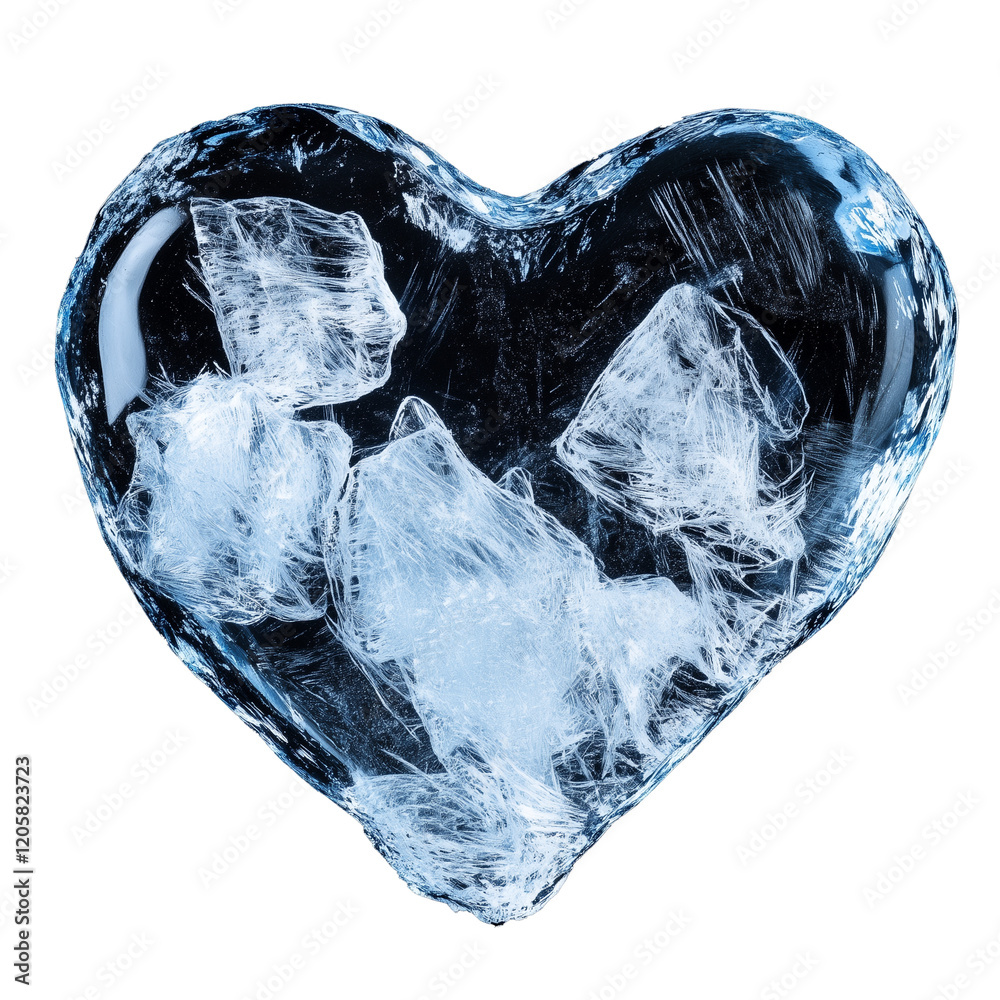 Poster translucent ice heart with frosty patterns and glossy surface, evoking sense of cold beauty. intrica