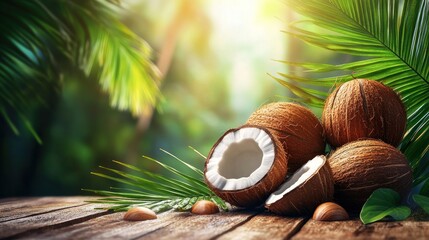 Tropical coconuts, halved, wooden table, jungle