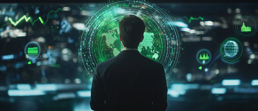 businessperson stands in front of digital interface displaying global data and analytics, with futuristic cityscape in background. scene conveys innovation and technology