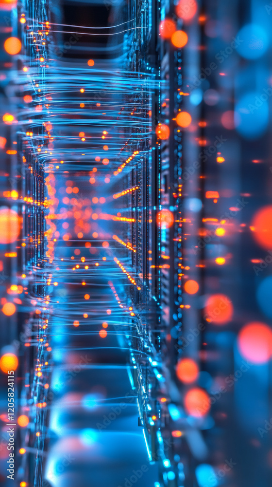 Leinwandbilder glowing server rack with illuminated fiber optic cables transmitting digital data, representing high