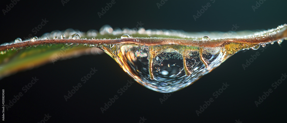 Poster macro shot captures single droplet forming on leaf, highlighting its delicate structure and intricat