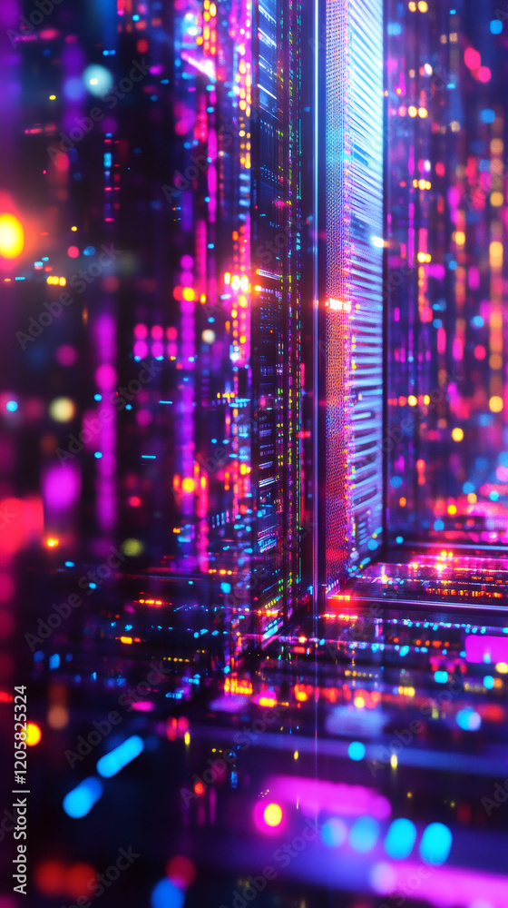 Aufkleber server racks glowing purple and orange, illuminating high-tech data center infrastructure with vibra