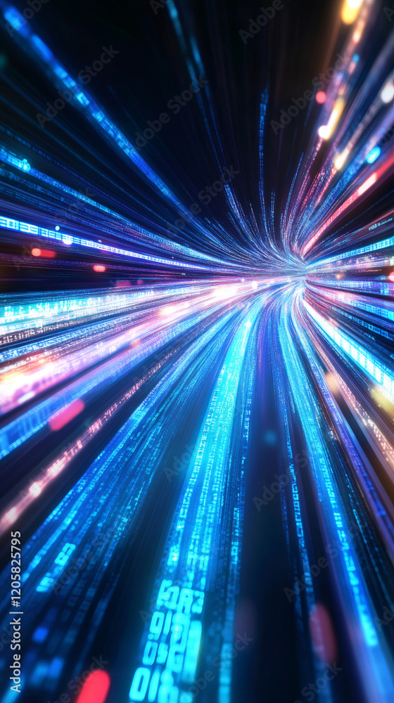 Poster digital binary code streaks racing through dark cybernetic tunnel, generating luminous streaming pat