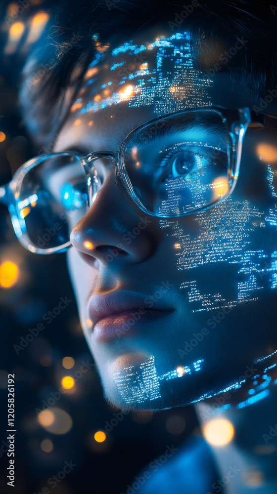 Poster programmer with glasses analyzing source code projected on his face, futuristic concept of augmented
