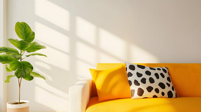 Sunlight fills a modern living room, brightening a yellow couch and a vibrant plant