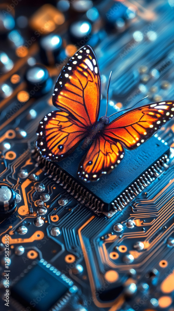 Aufkleber orange and black monarch butterfly resting on a microchip of a motherboard, symbolizing the connecti