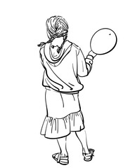 Girl with balloon, Rear view of сhild with two pigtails, dressed in a hoodie and a skirt with a frill at the bottom, Vector sketch, Hand drawn illustration isolated