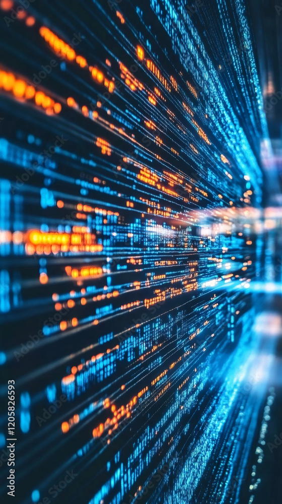 Poster Programming code running with blue and orange lights, representing the flow of digital information in cyberspace