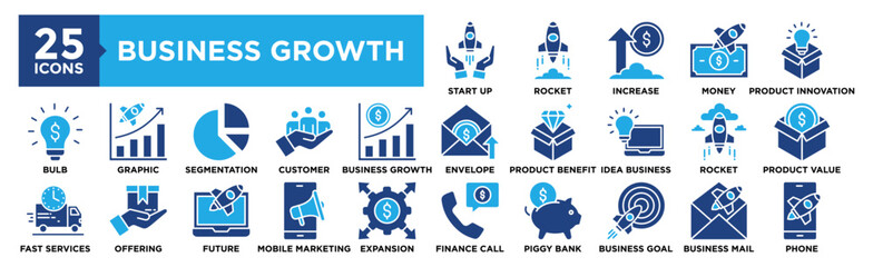 Business Growth icon collection set. Containing design Start Up, Rocket, Increase, Money, Product Innovation