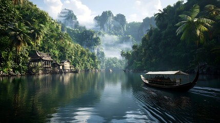 Fototapeta premium Serene river cruise through lush jungle; misty mountains in background; tourism