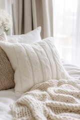 Fluffy white pillow and knit blanket create cozy ambiance on a soft bed in bright room