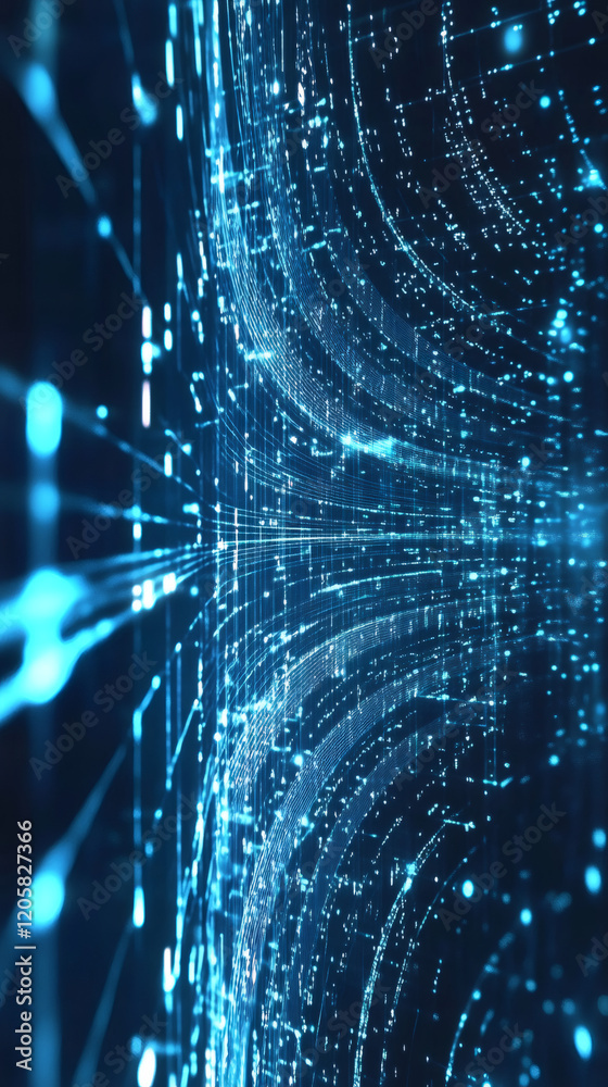 Poster abstract visualization of digital information traveling through network, creating a futuristic techn