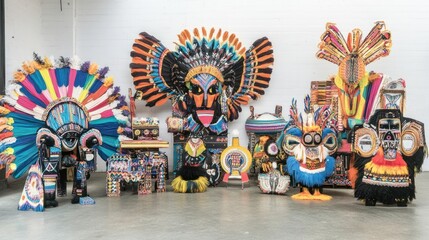 Fototapeta premium Colorful tribal masks and figures, vibrant handcrafted art pieces.