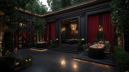Obraz premium Elegant outdoor dining area with lush greenery, chandeliers, and intimate table settings at dusk