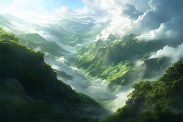 Obraz premium Majestic Misty Mountain Valley Landscape with Cascading Waterfall and Lush Green Forests