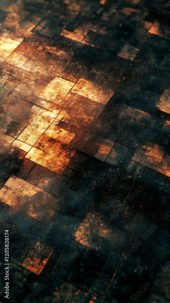 Fototapete metallic surface with light reflecting on rusty, dark tiles, generating textured abstract background