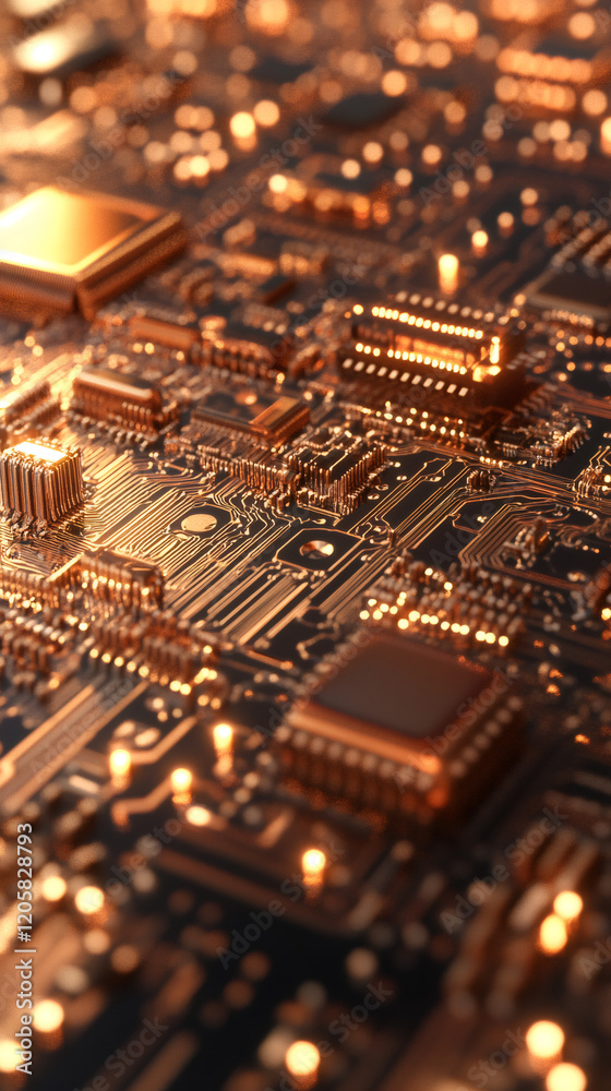 Leinwandbilder Close-up of a golden circuit board with integrated circuits and glowing connections, symbolizing data transmission and advanced technology