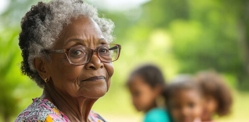 Fototapeta premium An elderly woman with curly gray hair and glasses smiles warmly as she watches children play in a vibrant outdoor environment filled with greenery.