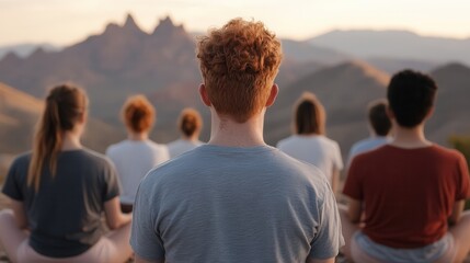 Obraz premium Breathing exercises for natural wellness. Meditation group enjoying nature at sunset in a serene landscape.