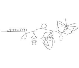 Continuous one line drawing of butterfly life cycle . Single line drawing illustration of perfect metamorphosis . Butterfly concept vector art. Doodle line illustration.