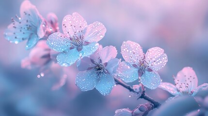 Delicate cherry blossoms covered in morning dew under a pastel sky