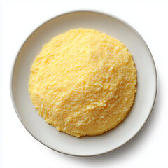 Top view of a juicy Polenta, Cornmeal on big plate, The white plate is perfectly are arranged neatly, all captured against a pure white background 