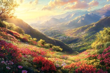 Breathtaking Alpine Landscape with Vibrant Flowers at Sunset in the Mountains