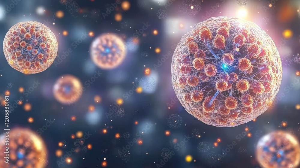 Poster microscopic visualization of viruses complex structures detailed 3d render of infectious agents