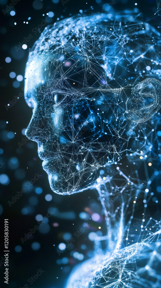Poster digital human face made of particles and lines representing artificial intelligence and machine lear
