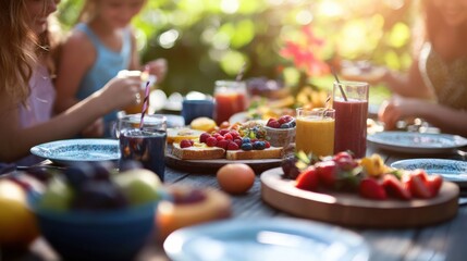 A family enjoying a nutritious breakfast outdoors, featuring whole grain toast, fresh fruits