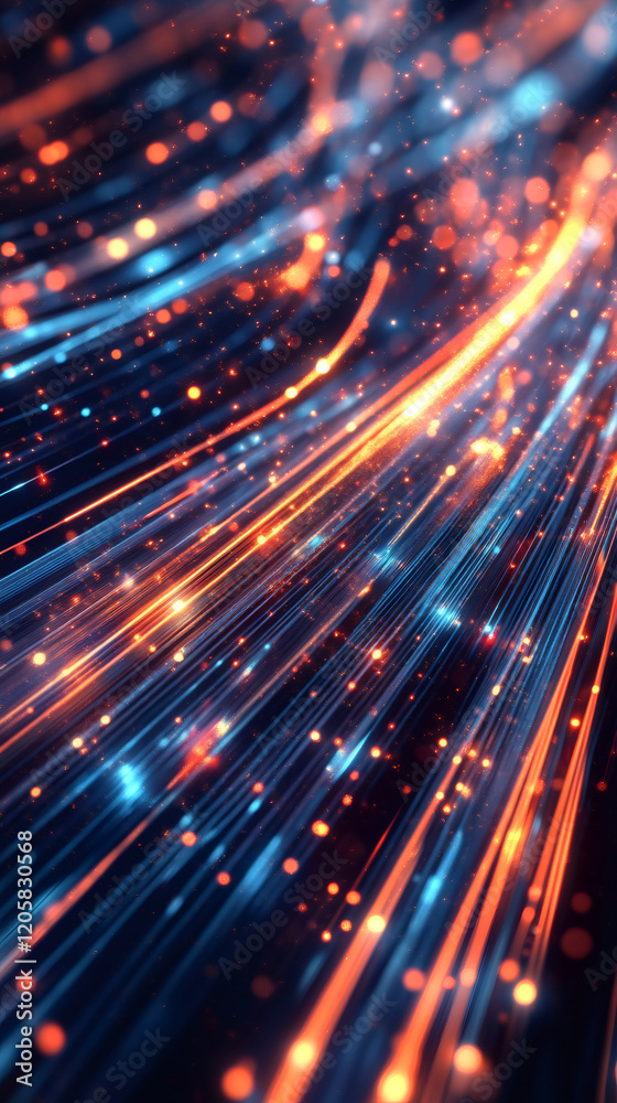 Aufkleber Orange and blue glowing lines flow and shine on a dark background, creating a mesmerizing abstract visual