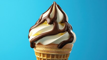 Vanilla ice cream cone, chocolate sauce, blue background, dessert, food photography