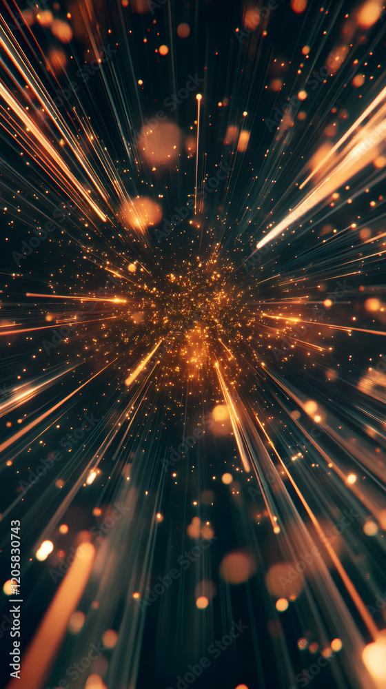 Poster Golden light rays bursting dynamically from central point, radiating energy across dark textured surface with sparkling particle dispersion