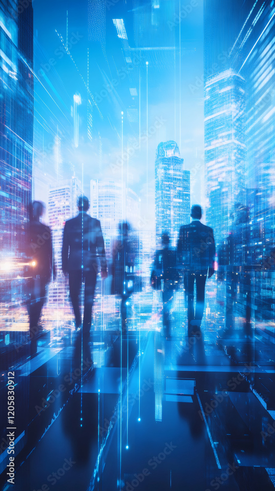 Poster businesspeople silhouettes walking in futuristic city with digital lines and data flow representing 