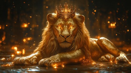 A golden lion with a crown sitting on its paws, glowing golden eyes, and a dark background, 