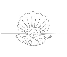 Continuous one line drawing of open pearl shell . Single line drawing illustration of an oyster .  Modern minimalist badge icon or logo with abstract color shapes . Doodle line illustration.