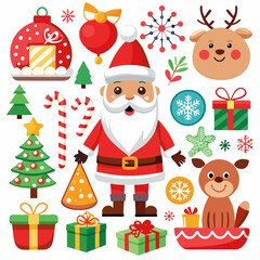 A collection of various Christmas-themed clip art illustrations, including Santa Claus, reindeer, trees, gifts, and other festive elements with white background