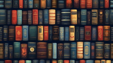 A vibrant and seamless book-themed pattern featuring colorful books arranged like a bookcase, perfect for lively backgrounds, decor, and educational themes.