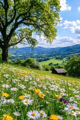 Obraz premium Vibrant Floral Meadow with Lush Green Foliage and Mountain Landscape in the Background