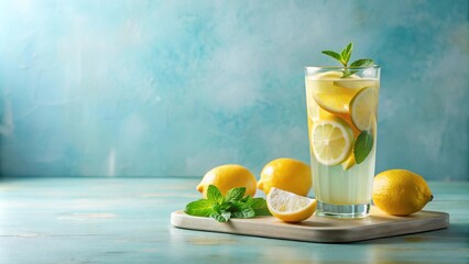 Fototapeta premium Refreshing Homemade Lemonade with Mint and Lemon Slices on Rustic Wooden Board