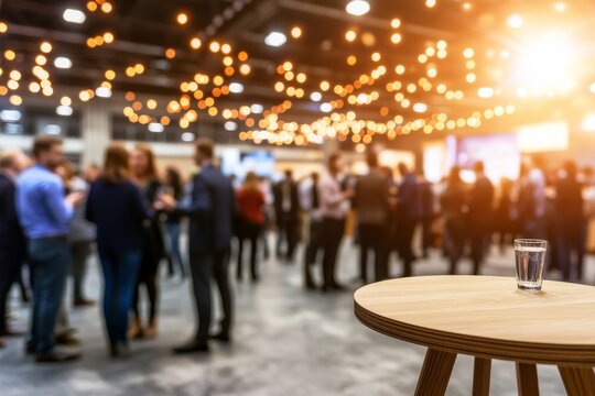 Professionals are actively networking and engaging in conversation at a corporate event in a bustling business center during the evening hours