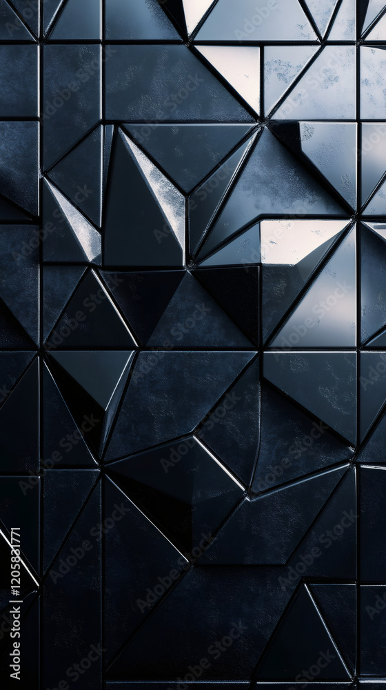 Poster geometric dark triangular pattern protruding from metallic surface, forming sleek futuristic archite