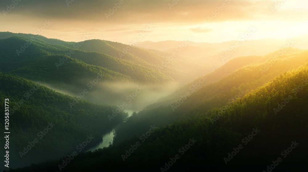 Poster A winding river mirrors the surrounding trees and hills, showcasing the tranquillity of the forest at dusk with soft light illuminating the scene
