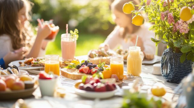 A family enjoying a nutritious breakfast outdoors, featuring whole grain toast, fresh fruits