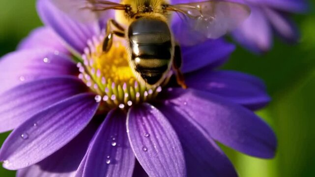 Bee, Flying on Flowers. closeup view. Slow-motion. purple violet daisy flowers