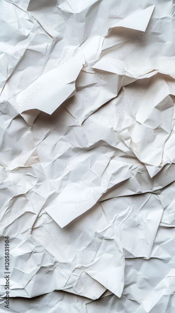 Poster Crumpled white wrapping paper creating textured surface with intricate folds, serving as minimalist graphic design element